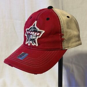 Authentic PBR Bull Riding Red & Tan Baseball Cap with Fun Print and Distress!